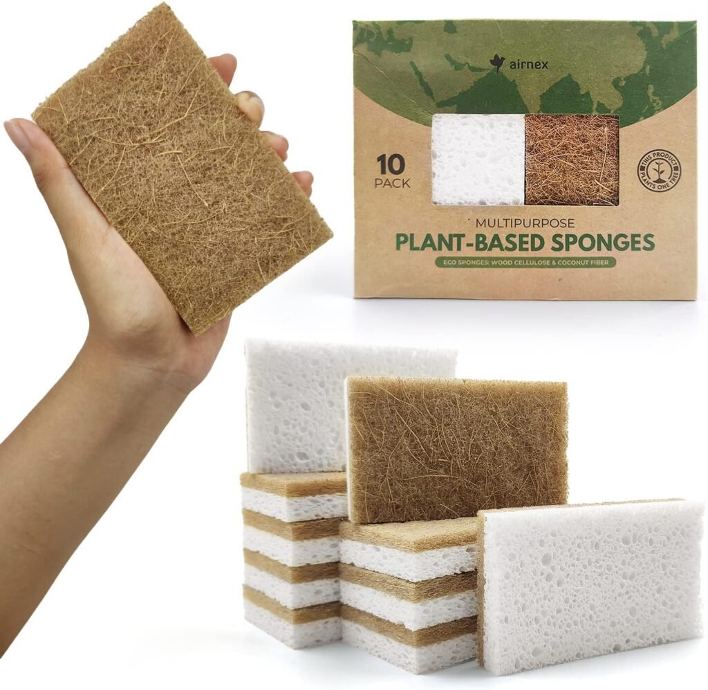 10 Pack Biodegradable Natural Kitchen Sponge - Compostable Cellulose and Coconut Walnut Scrubber Sponge - Eco Friendly Sponges for Dishes