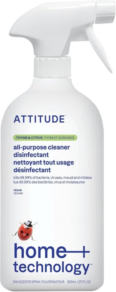 ATTITUDE All-Purpose Cleaner Disinfectant 99.99%, Eliminates Bacteria, Germs and Viruses, Vegan Household Products, Thyme and Citrus, 800 mL