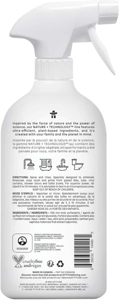 ATTITUDE Bathroom Cleaner, EWG Verified, Plant- and Mineral-Based Ingredients, Vegan Household Products, Citrus Zest, 800 mL