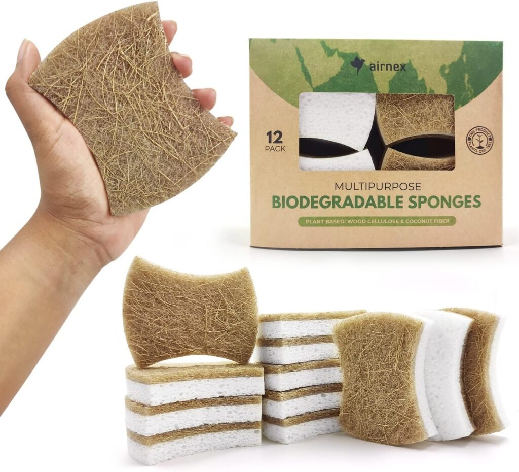 Biodegradable Natural Kitchen Sponge - Compostable Cellulose and Coconut Walnut Scrubber Sponge - Pack of 12 Eco Friendly Sponges for Dishes - Handy Shape