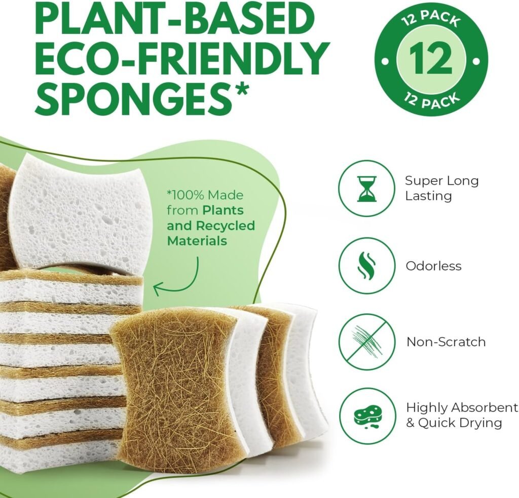 Biodegradable Natural Kitchen Sponge - Compostable Cellulose and Coconut Walnut Scrubber Sponge - Pack of 12 Eco Friendly Sponges for Dishes - Handy Shape