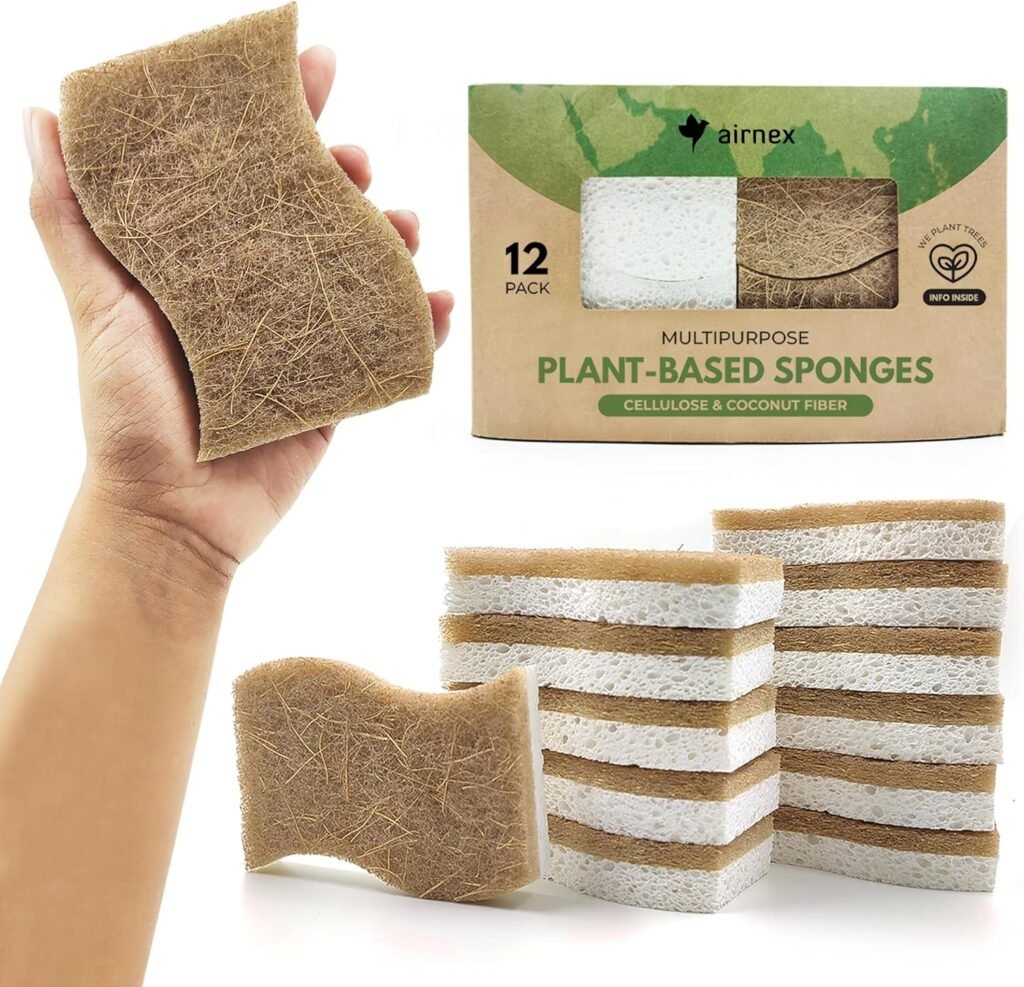 Natural Kitchen Sponge - Biodegradable Compostable Cellulose and Coconut Scrubber Sponge - Pack of 12 Eco Friendly Sponges for Dishes