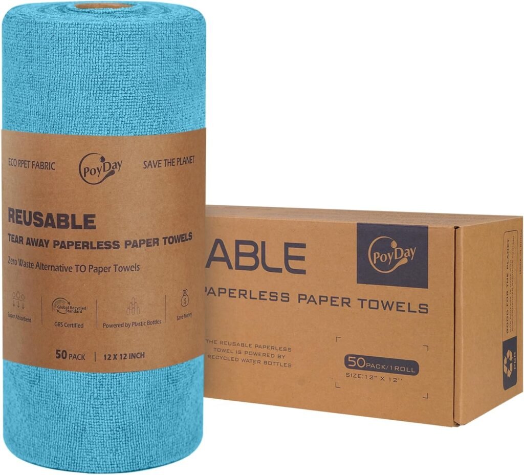 Reusable Paper Towels Washable: 50Pack Cloth Paper Towels Microfiber Roll 12x12In Eco Friendly Absorbent Paperless Paper Towels Tear Away Kitchen Cloth Zero Waste (Aqua Blue)