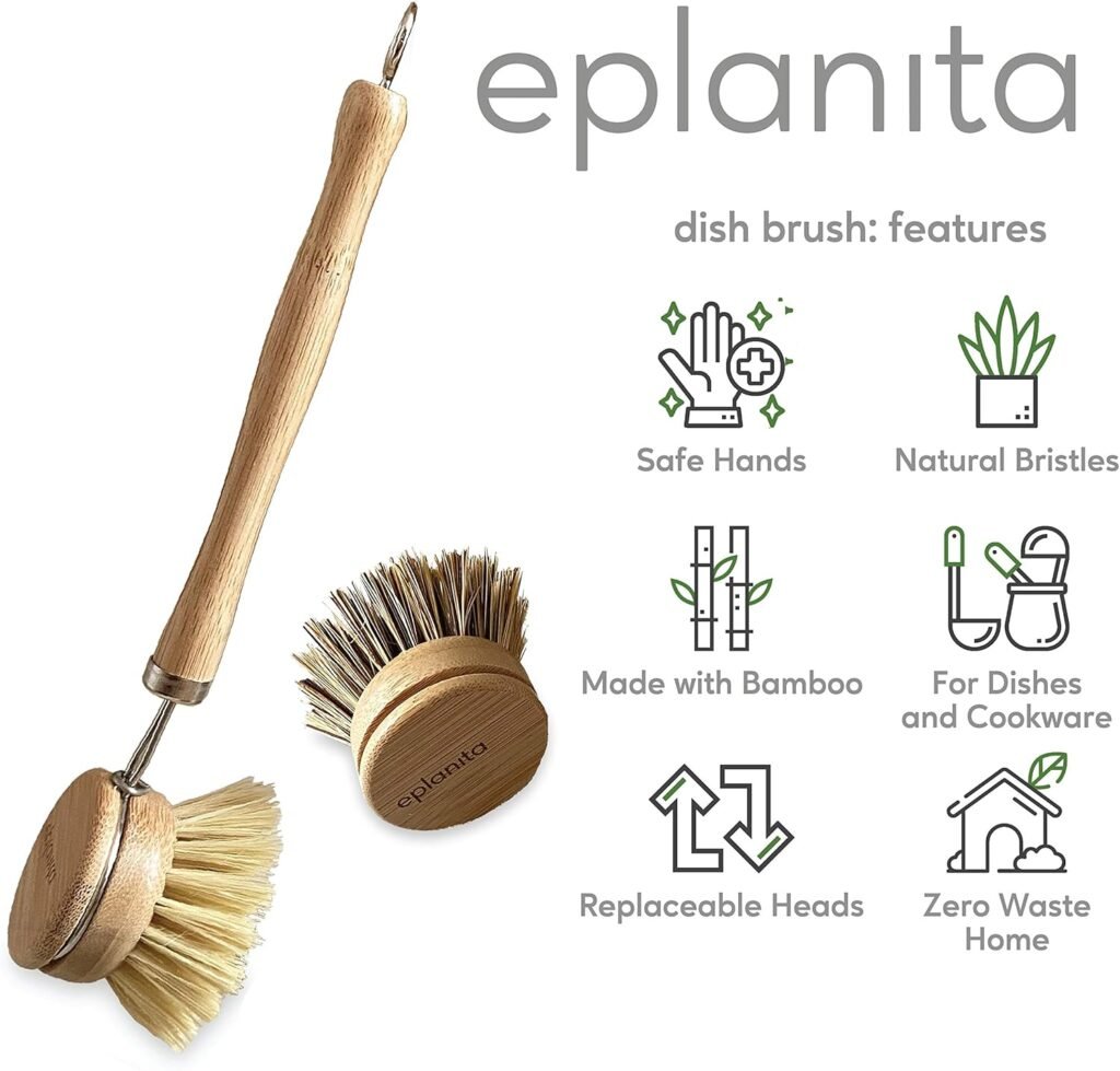 Natural Dish Brush, 3 Replacement Heads, Kitchen Eco Bamboo Scrubber Brushes, Extra Plant Sponge, Plastic Free Washing Up, Zero Waste Cleaning