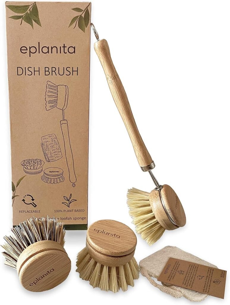 Natural Dish Brush, 3 Replacement Heads, Kitchen Eco Bamboo Scrubber Brushes, Extra Plant Sponge, Plastic Free Washing Up, Zero Waste Cleaning