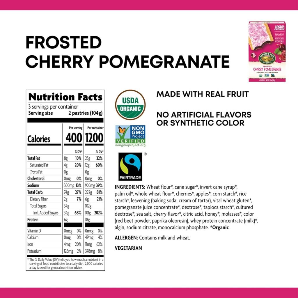 Natures Path Organic Frosted Cherry Pomegranate Toaster Pastries, 11 Ounce (Pack of 1) Non-GMO, Made with Real Fruit