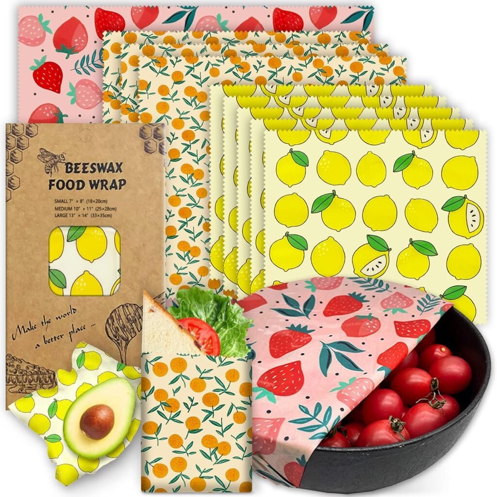 Reusable Beeswax Wrap - 9 Pack Beeswax Wraps For Food, Organic, Sustainable, Biodegradable, Zero Waste, Plastic-Free Food Storage, 1L Strawberry, 3M Orange, 5S Lemon Patterns