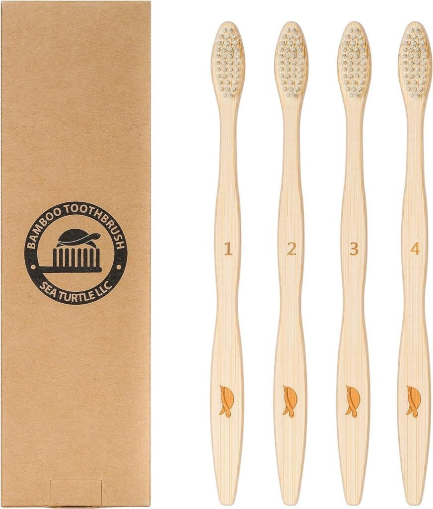 Sea Turtle Plant-Based Bristles, Bamboo Toothbrushes, Soft Natural Toothbrush for Adults (4 Pack)