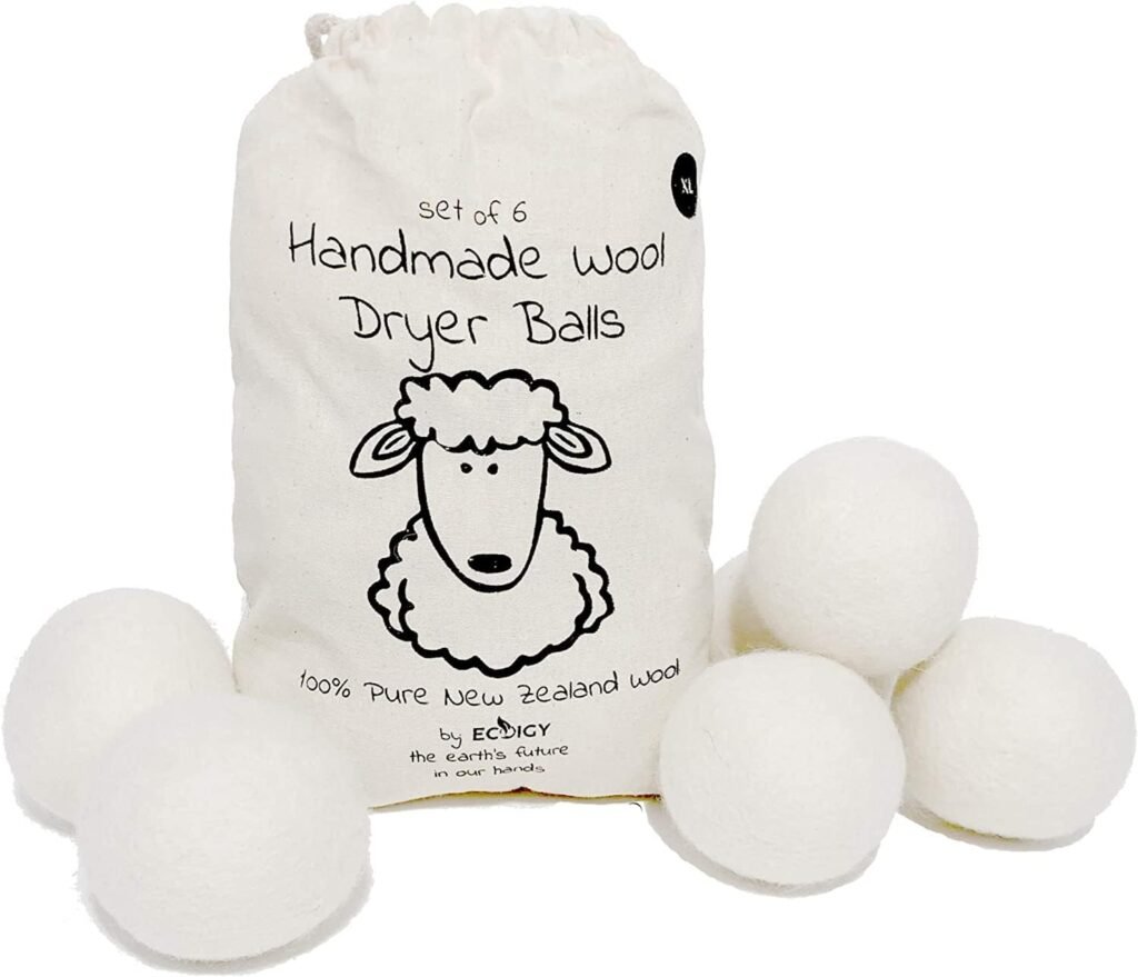 Wool Dryer Balls XL 6-Pack - 100% Pure New Zealand Wool, Ecoigy Natural Fabric Softener, Reduces Wrinkles  Drying Time, Ideal for Essential Oils, Dryer Sheets Alternative,Dryer Balls Laundry Reusable